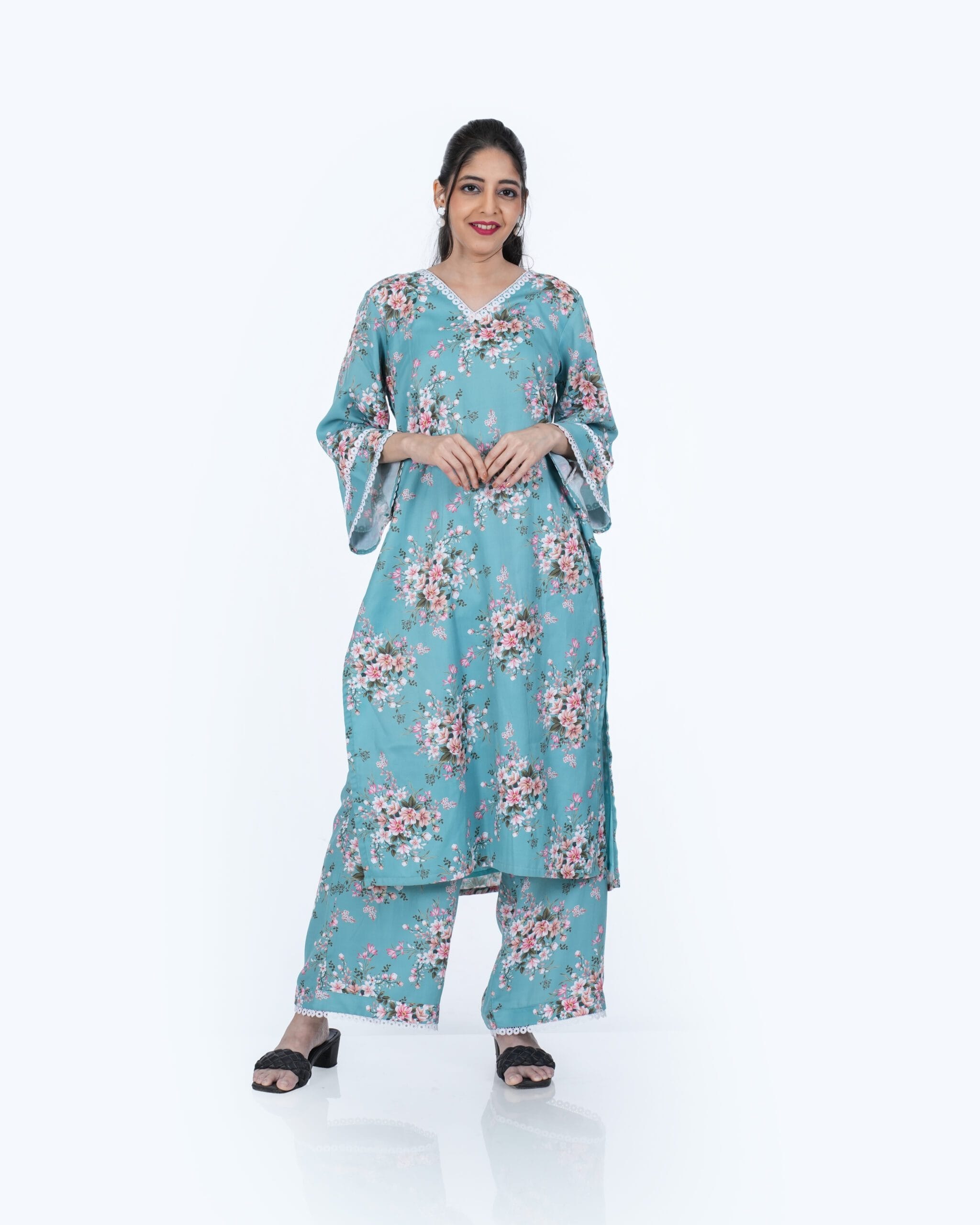 Cotton V Neck Kurta Set in Aqua Blue.