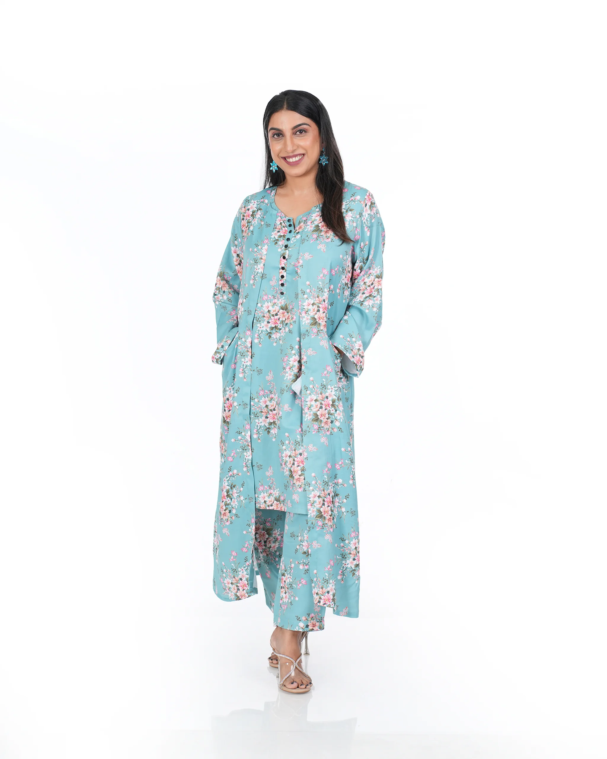 Cotton Floral Kurta Set With Floral Jacket in Aqua Blue.