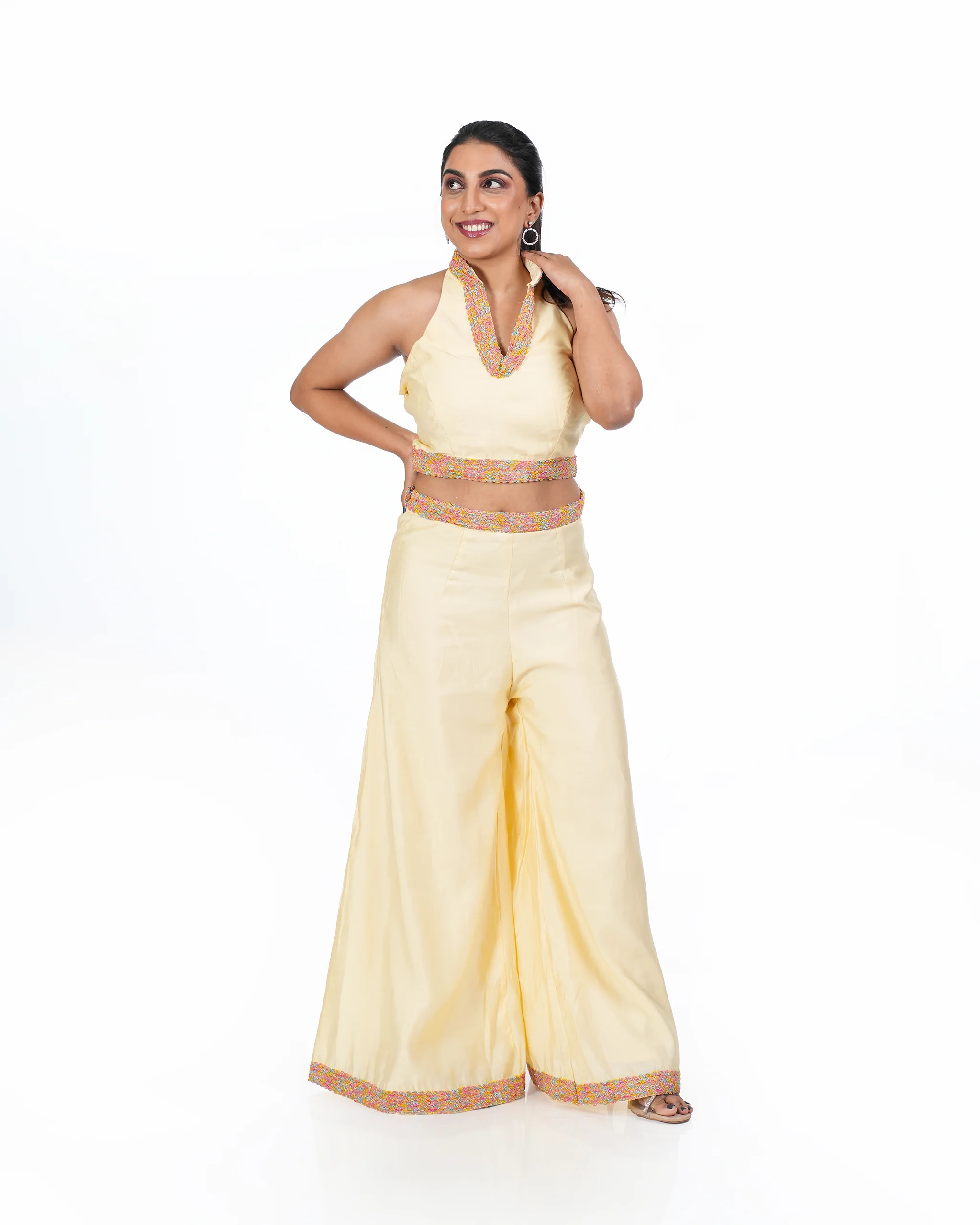 V Neck Lemon Yellow Cord Set