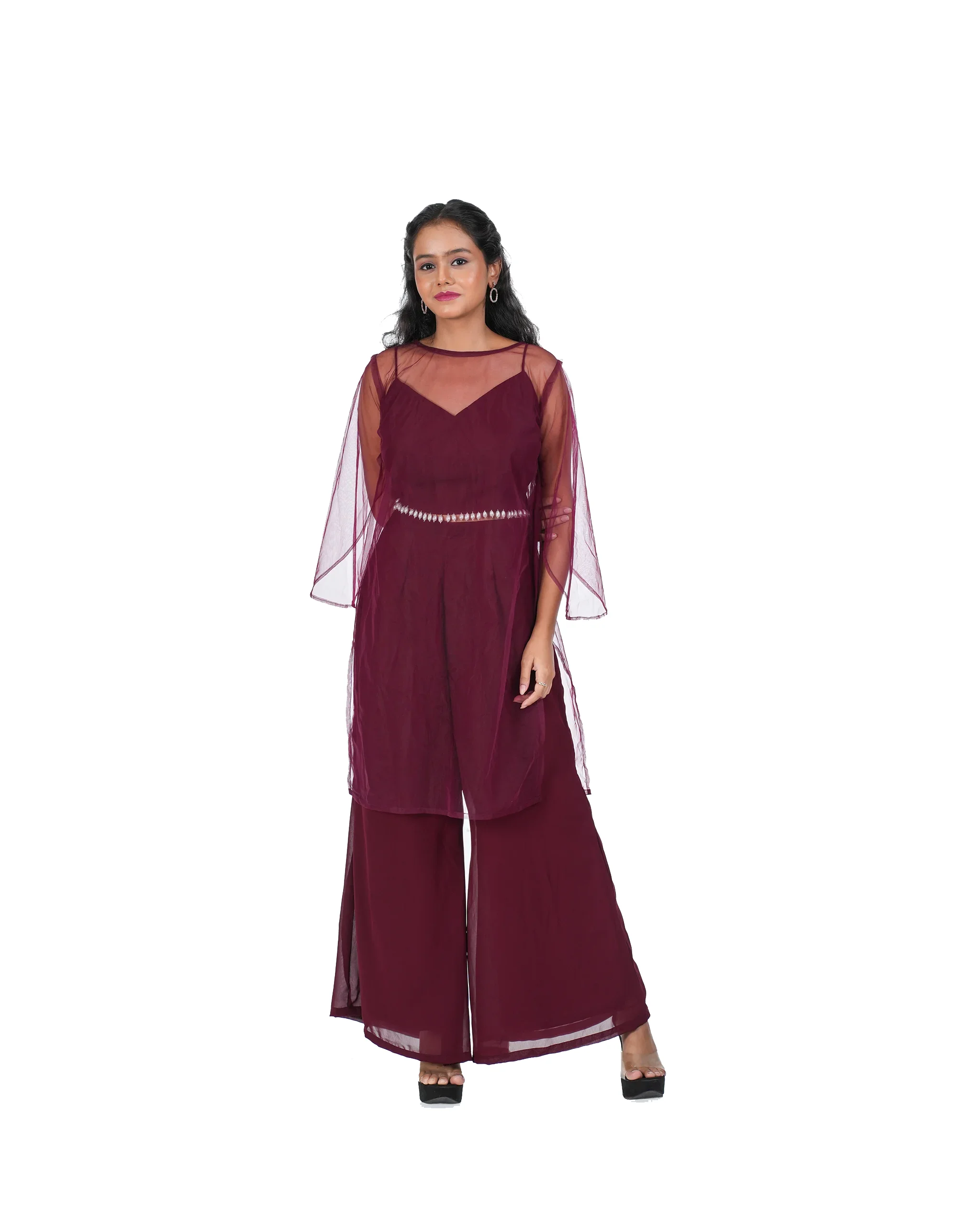 Maroon Color Cord set With Net Jacket